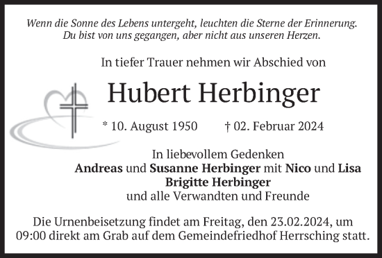 Traueranzeige von Hubert Herbinger von merkurtz