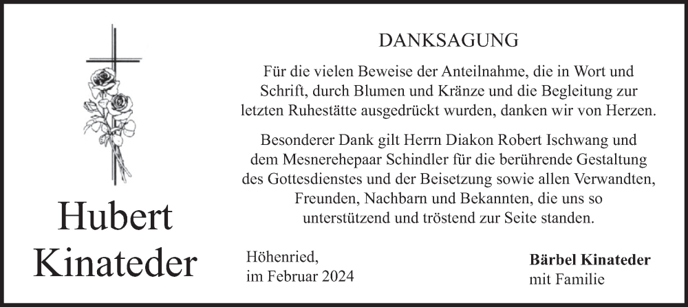  Traueranzeige für Hubert Kinateder vom 24.02.2024 aus merkurtz