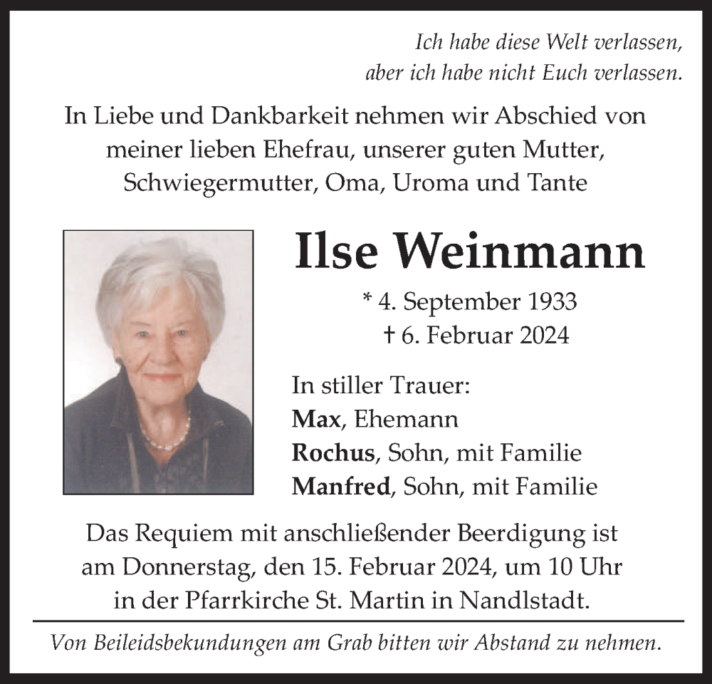  Traueranzeige für Ilse Weinmann vom 10.02.2024 aus merkurtz
