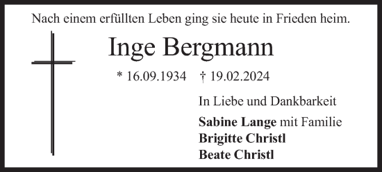 Traueranzeige von Inge Bergmann von merkurtz