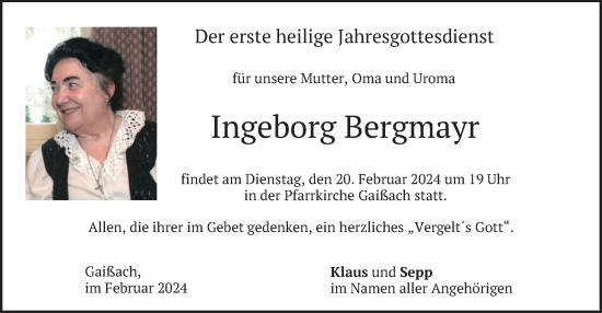 Traueranzeige von Ingeborg Bergmayr von merkurtz