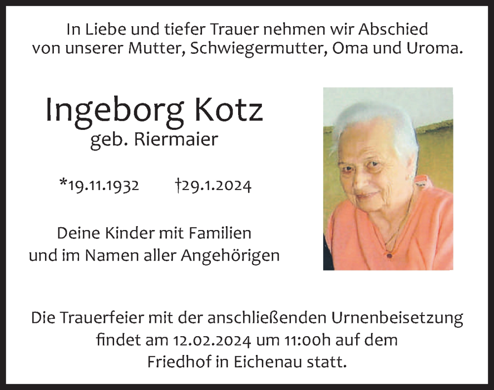  Traueranzeige für Ingeborg Kotz vom 10.02.2024 aus merkurtz
