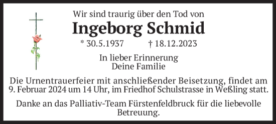 Traueranzeige von Ingeborg Schmid von merkurtz