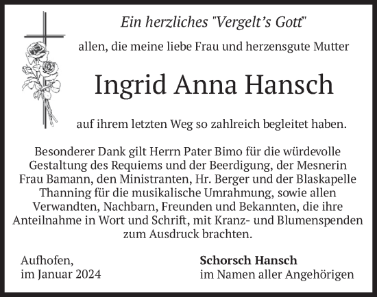 Traueranzeige von Ingrid Anna Hansch von merkurtz