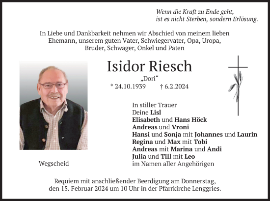 Traueranzeige von Isidor Riesch von merkurtz