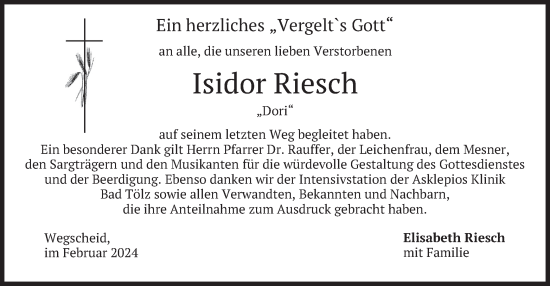 Traueranzeige von Isidor Riesch von merkurtz