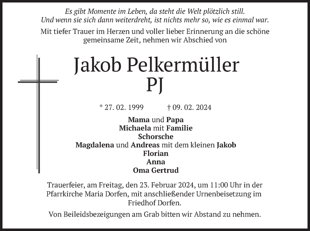  Traueranzeige für Jakob Pelkermüller vom 17.02.2024 aus merkurtz