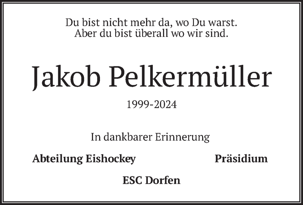  Traueranzeige für Jakob Pelkermüller vom 23.02.2024 aus merkurtz