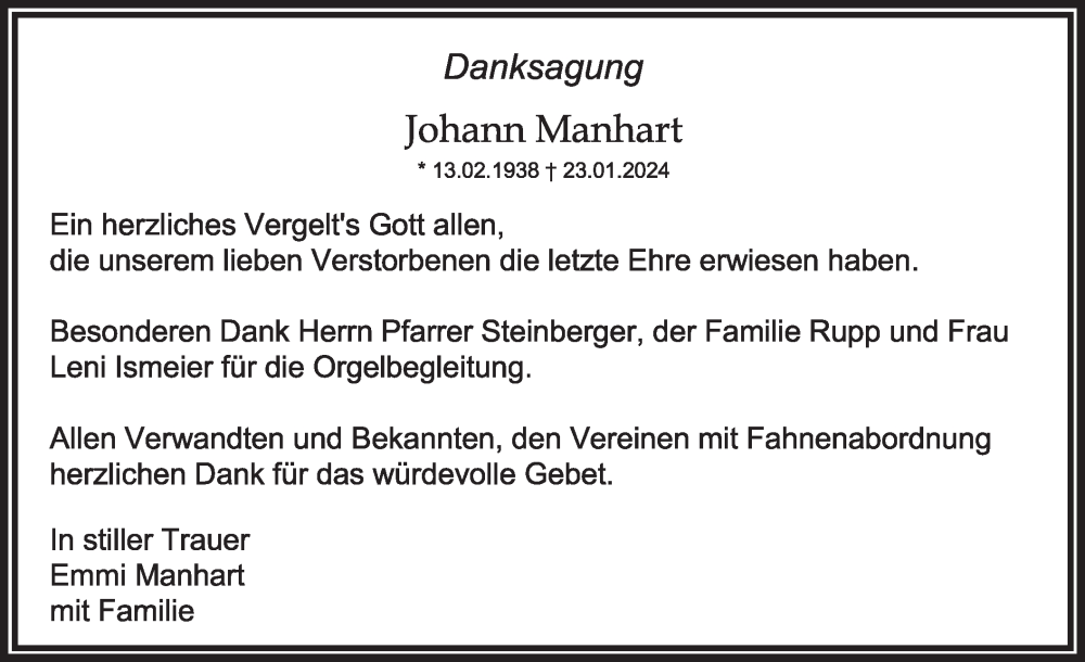  Traueranzeige für Johann Manhart vom 24.02.2024 aus merkurtz