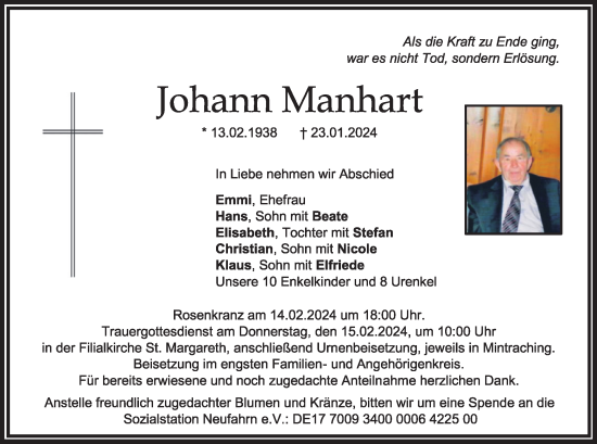 Traueranzeige von Johann Manhart von merkurtz
