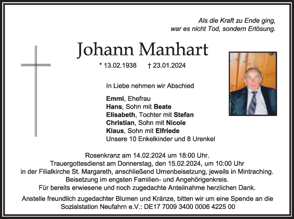  Traueranzeige für Johann Manhart vom 10.02.2024 aus merkurtz