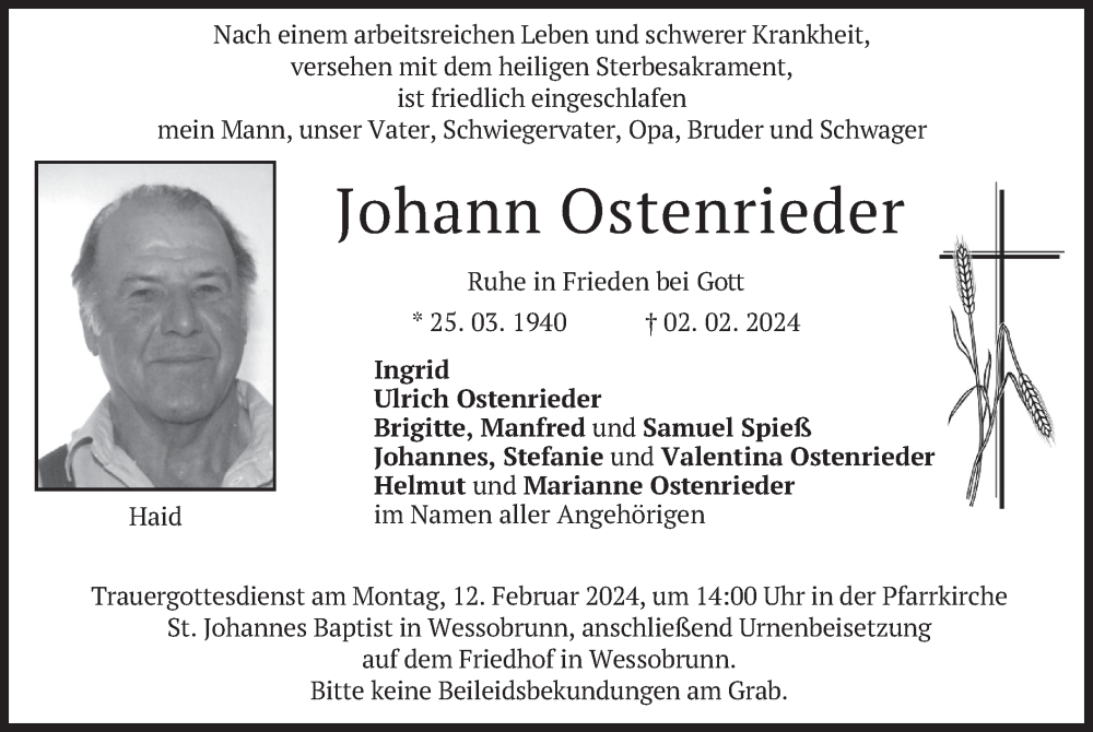  Traueranzeige für Johann Ostenrieder vom 10.02.2024 aus merkurtz