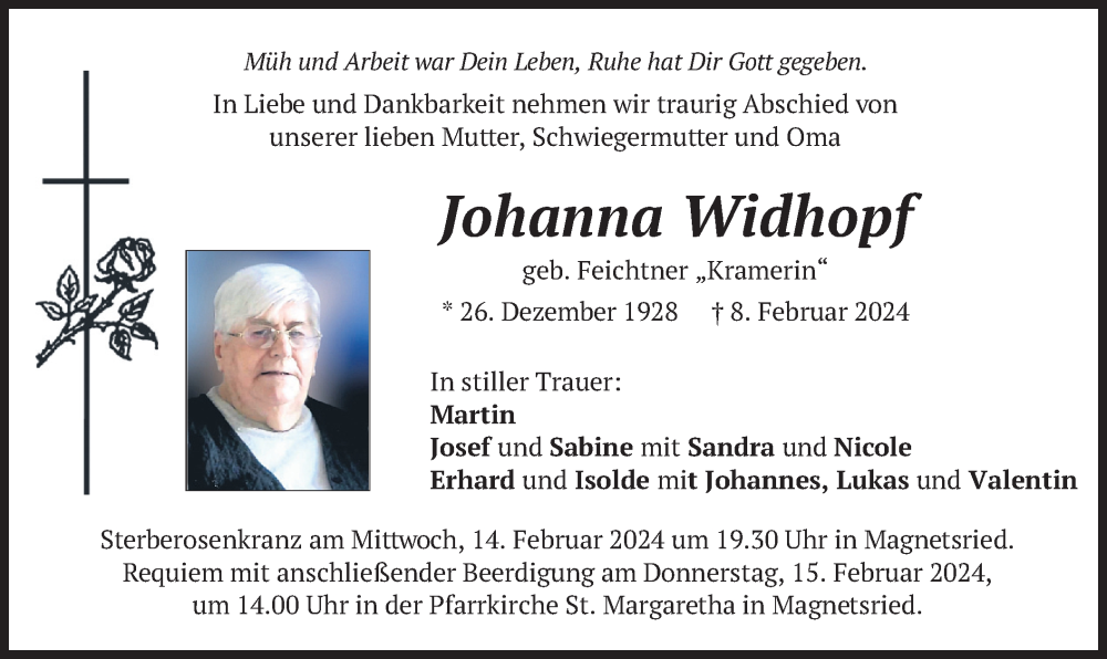  Traueranzeige für Johanna Widhopf vom 10.02.2024 aus merkurtz
