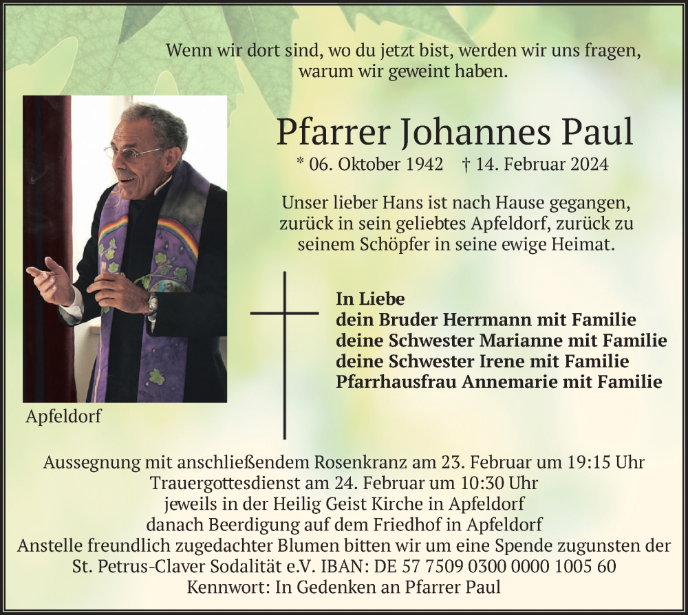  Traueranzeige für Johannes Paul vom 21.02.2024 aus merkurtz