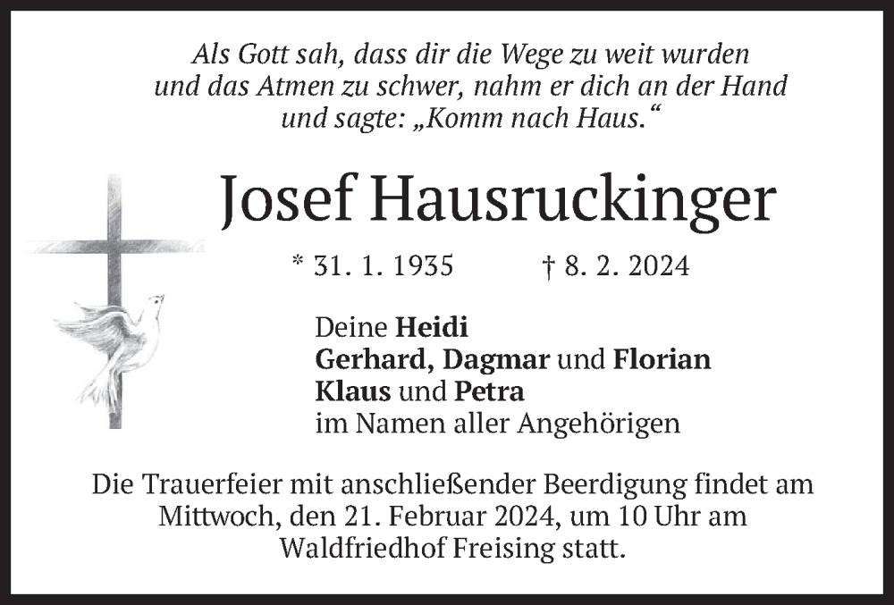  Traueranzeige für Josef Hausruckinger vom 17.02.2024 aus merkurtz
