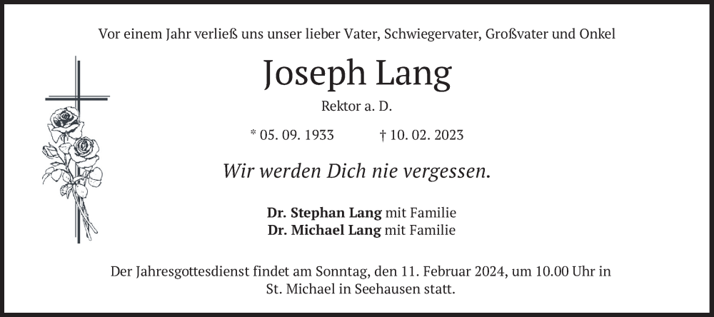  Traueranzeige für Joseph Lang vom 10.02.2024 aus merkurtz