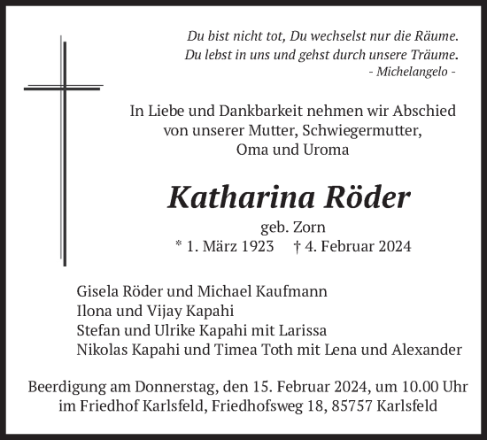 Traueranzeige von Katharina Röder von merkurtz
