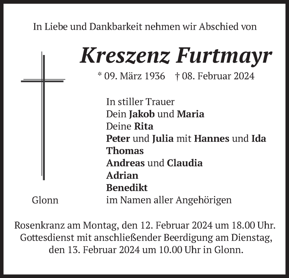  Traueranzeige für Kreszenz Furtmayr vom 10.02.2024 aus merkurtz