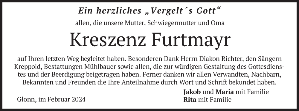  Traueranzeige für Kreszenz Furtmayr vom 17.02.2024 aus merkurtz
