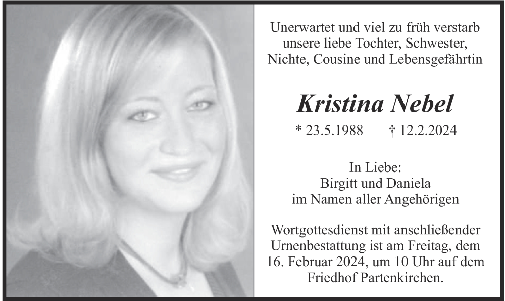  Traueranzeige für Kristina Nebel vom 14.02.2024 aus merkurtz