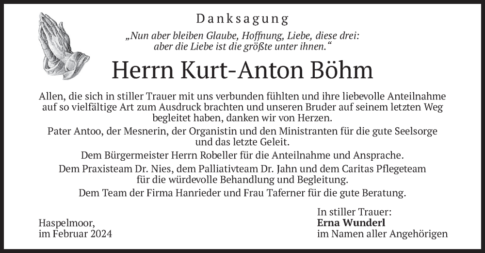  Traueranzeige für Kurt Anton Böhm vom 24.02.2024 aus merkurtz