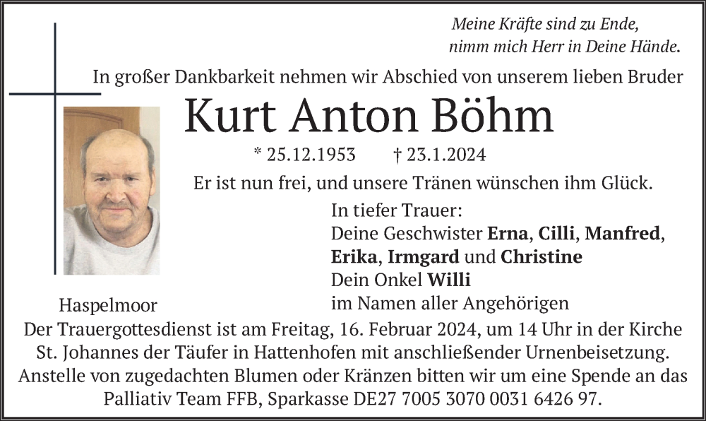  Traueranzeige für Kurt Anton Böhm vom 10.02.2024 aus merkurtz