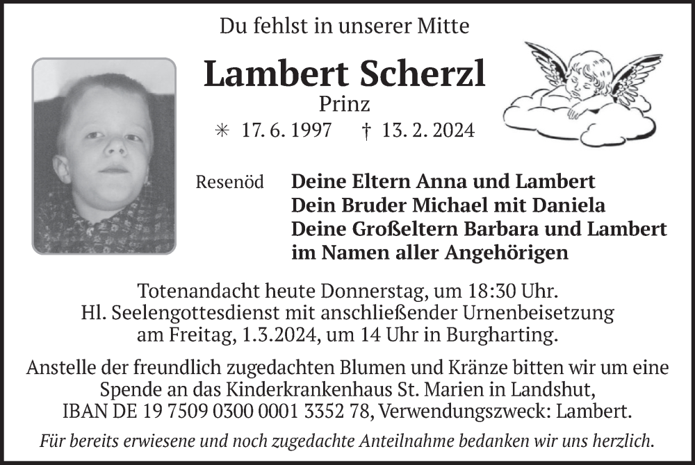  Traueranzeige für Lambert Scherzl vom 29.02.2024 aus merkurtz