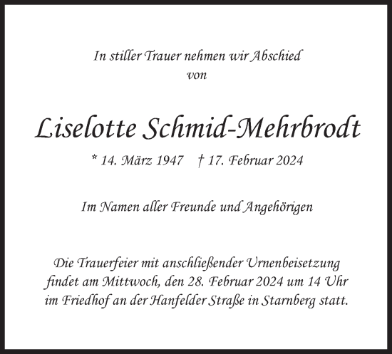 Traueranzeige von Liselotte Schmid-Mehrbrodt von merkurtz