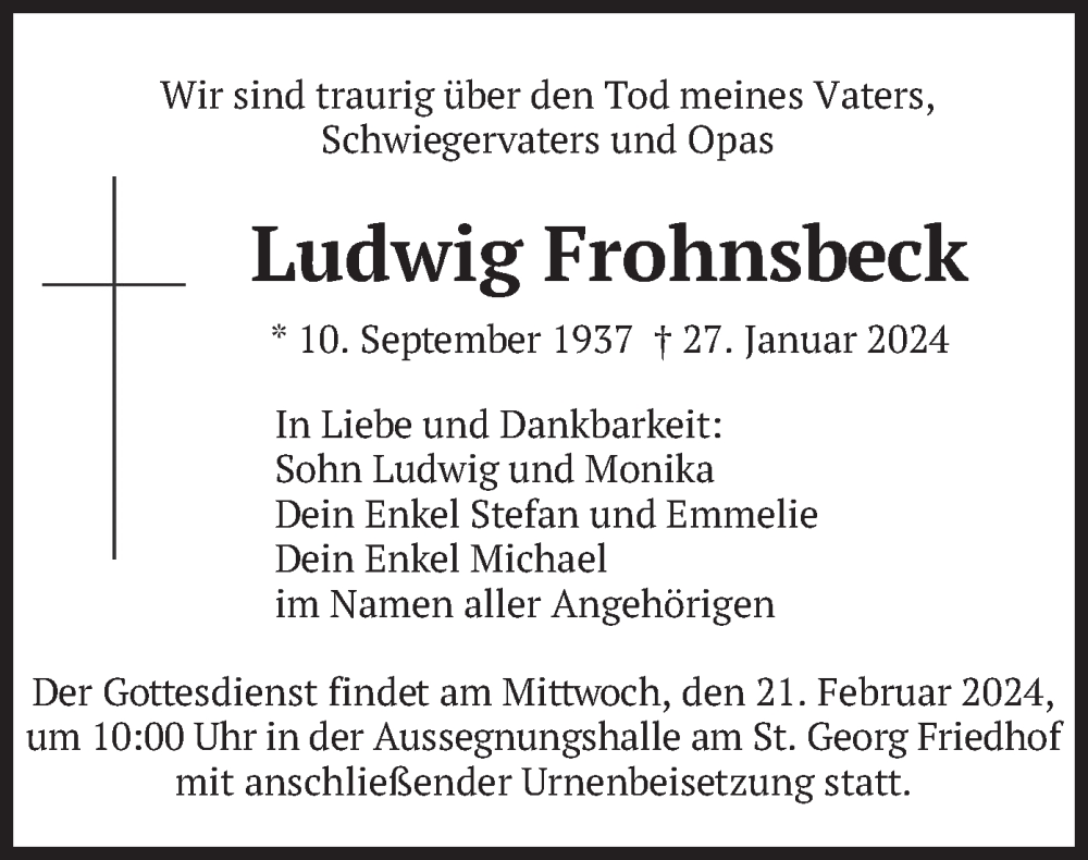  Traueranzeige für Ludwig Frohnsbeck vom 17.02.2024 aus merkurtz