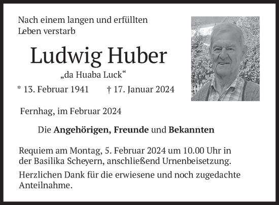 Traueranzeige von Ludwig Huber von merkurtz