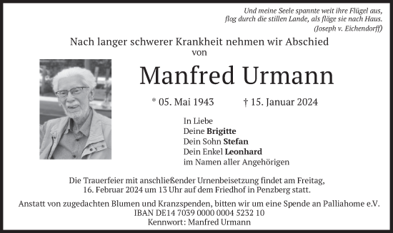 Traueranzeige von Manfred Urmann von merkurtz