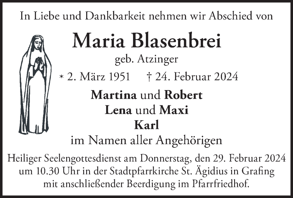  Traueranzeige für Maria Blasenbrei vom 27.02.2024 aus merkurtz