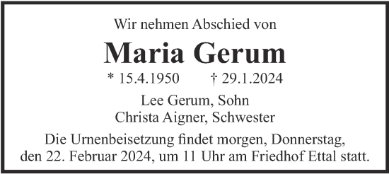 Traueranzeige von Maria Gerum von merkurtz