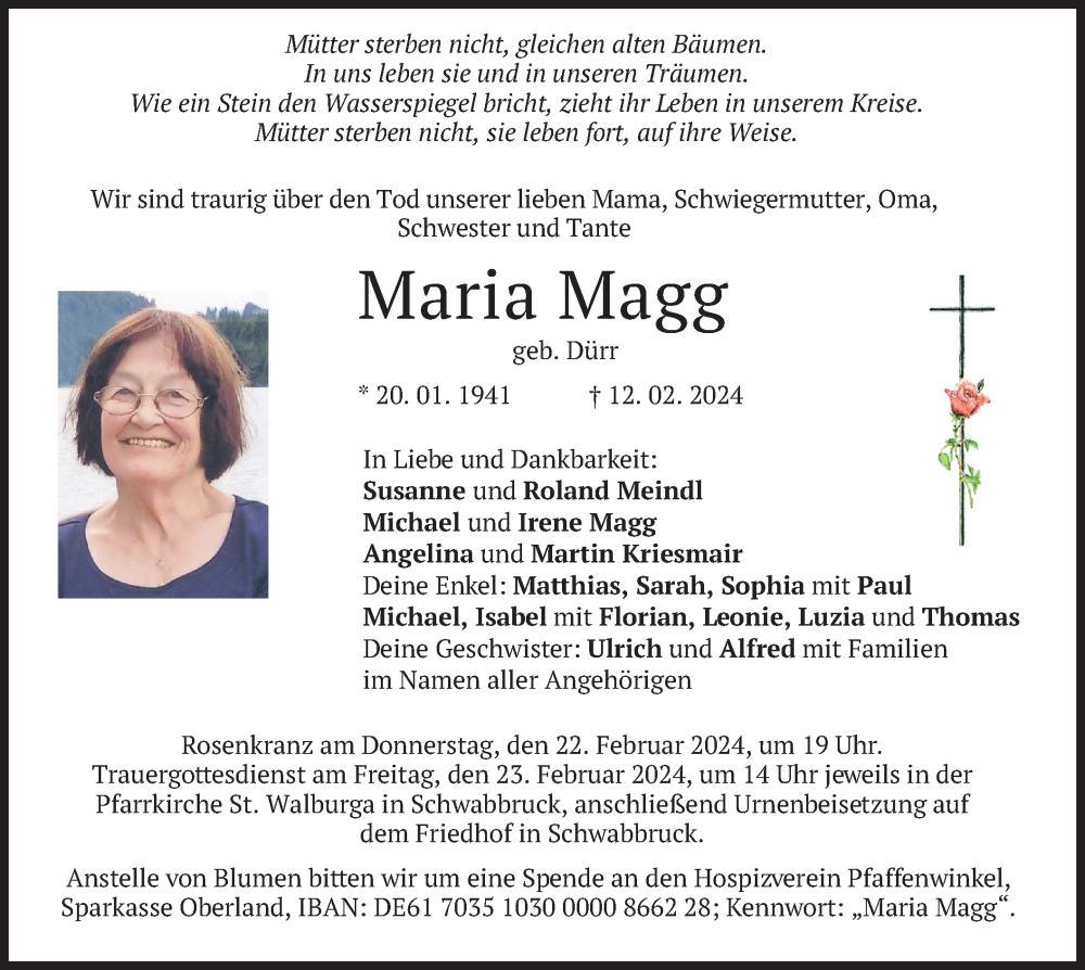  Traueranzeige für Maria Magg vom 17.02.2024 aus merkurtz