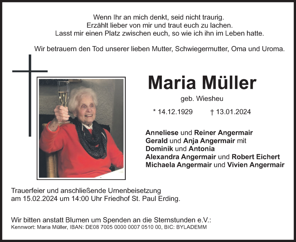  Traueranzeige für Maria Müller vom 10.02.2024 aus merkurtz