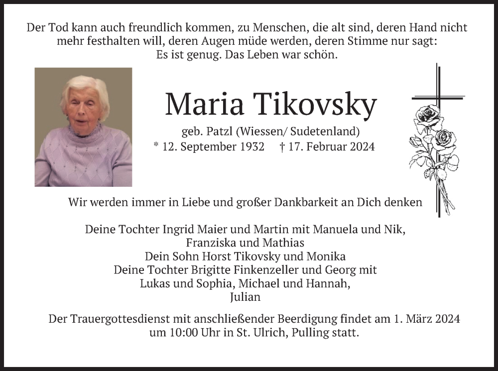  Traueranzeige für Maria Tikovsky vom 24.02.2024 aus merkurtz