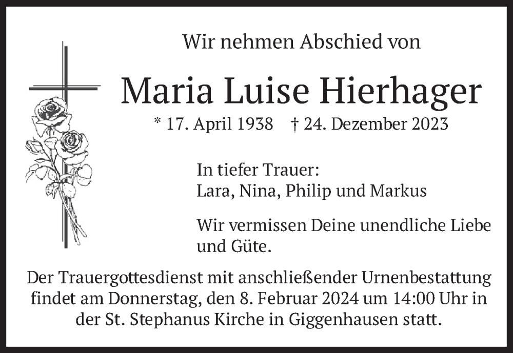  Traueranzeige für Maria Luise Hierhager vom 03.02.2024 aus merkurtz