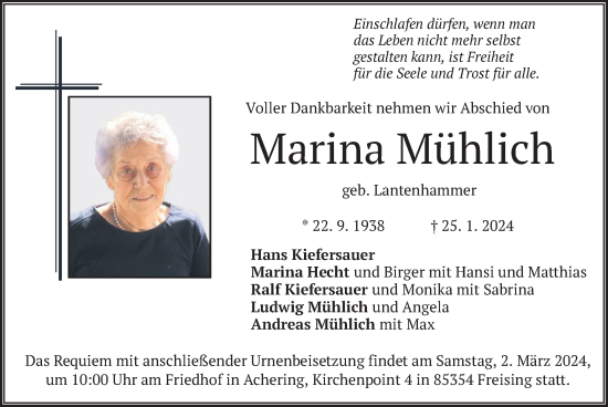 Traueranzeige von Marina Mühlich von merkurtz