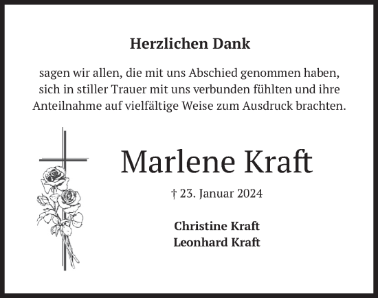 Traueranzeige von Marlene Kraft von merkurtz