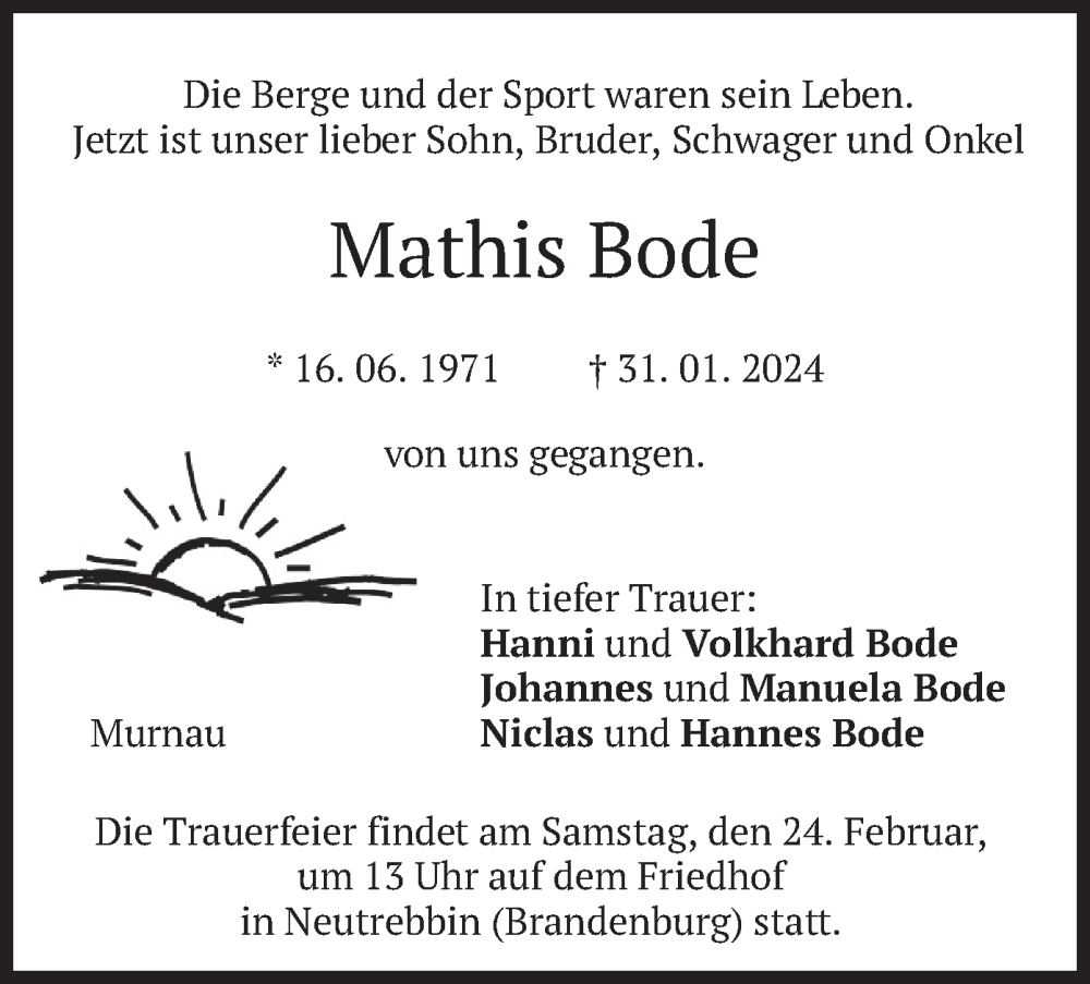  Traueranzeige für Mathis Bode vom 10.02.2024 aus merkurtz