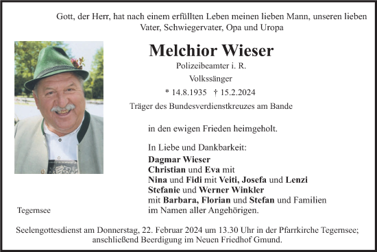 Traueranzeige von Melchior Wieser von merkurtz