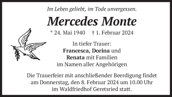 Traueranzeige von Mercedes Monte von merkurtz