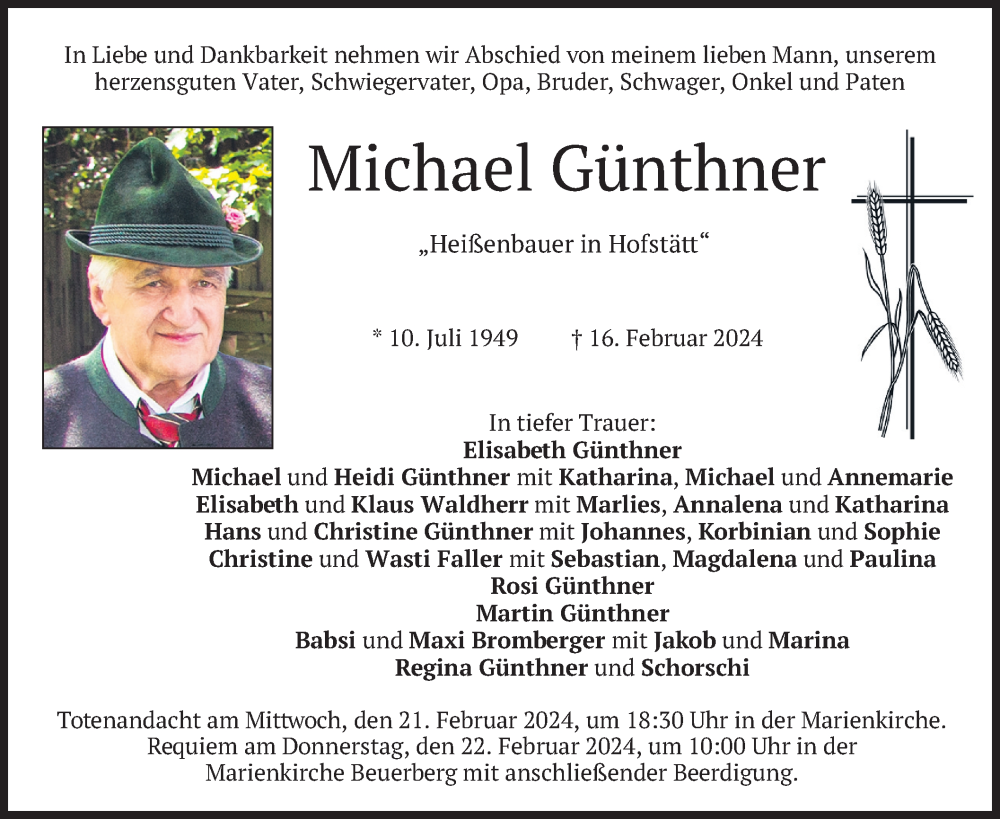  Traueranzeige für Michael Günthner vom 21.02.2024 aus merkurtz