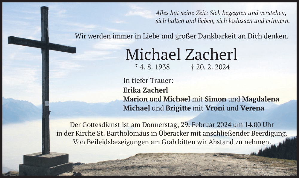  Traueranzeige für Michael Zacherl vom 24.02.2024 aus merkurtz