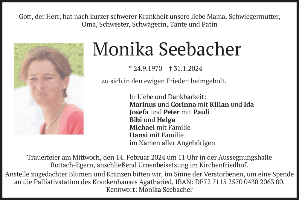  Traueranzeige für Monika Seebacher vom 10.02.2024 aus merkurtz