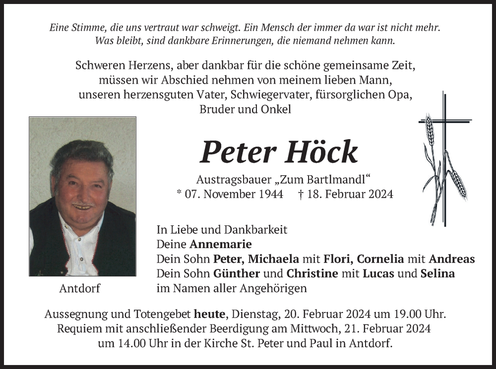  Traueranzeige für Peter Höck vom 20.02.2024 aus merkurtz