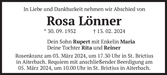 Traueranzeige von Rosa Lönner von merkurtz