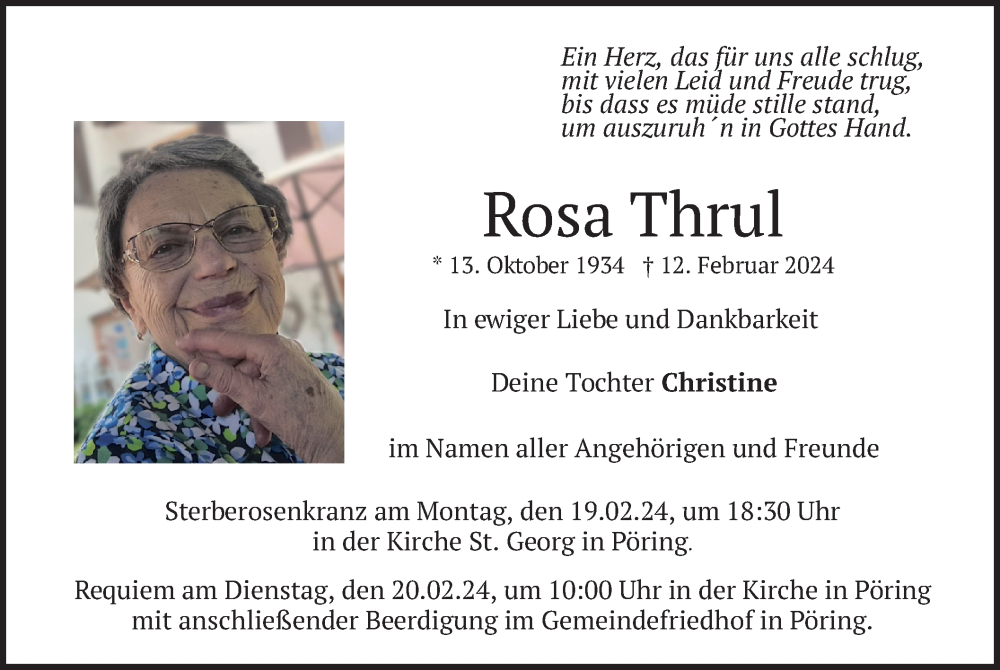  Traueranzeige für Rosa Thrul vom 16.02.2024 aus merkurtz