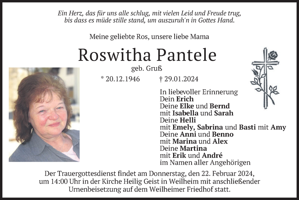  Traueranzeige für Roswitha Pantele vom 17.02.2024 aus merkurtz