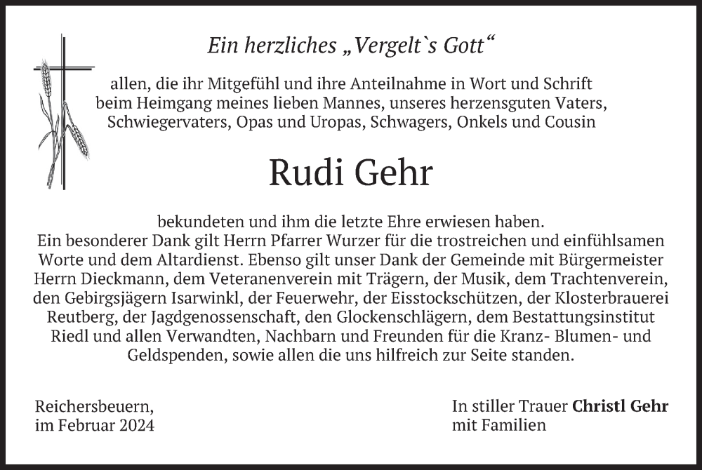  Traueranzeige für Rudi Gehr vom 24.02.2024 aus merkurtz